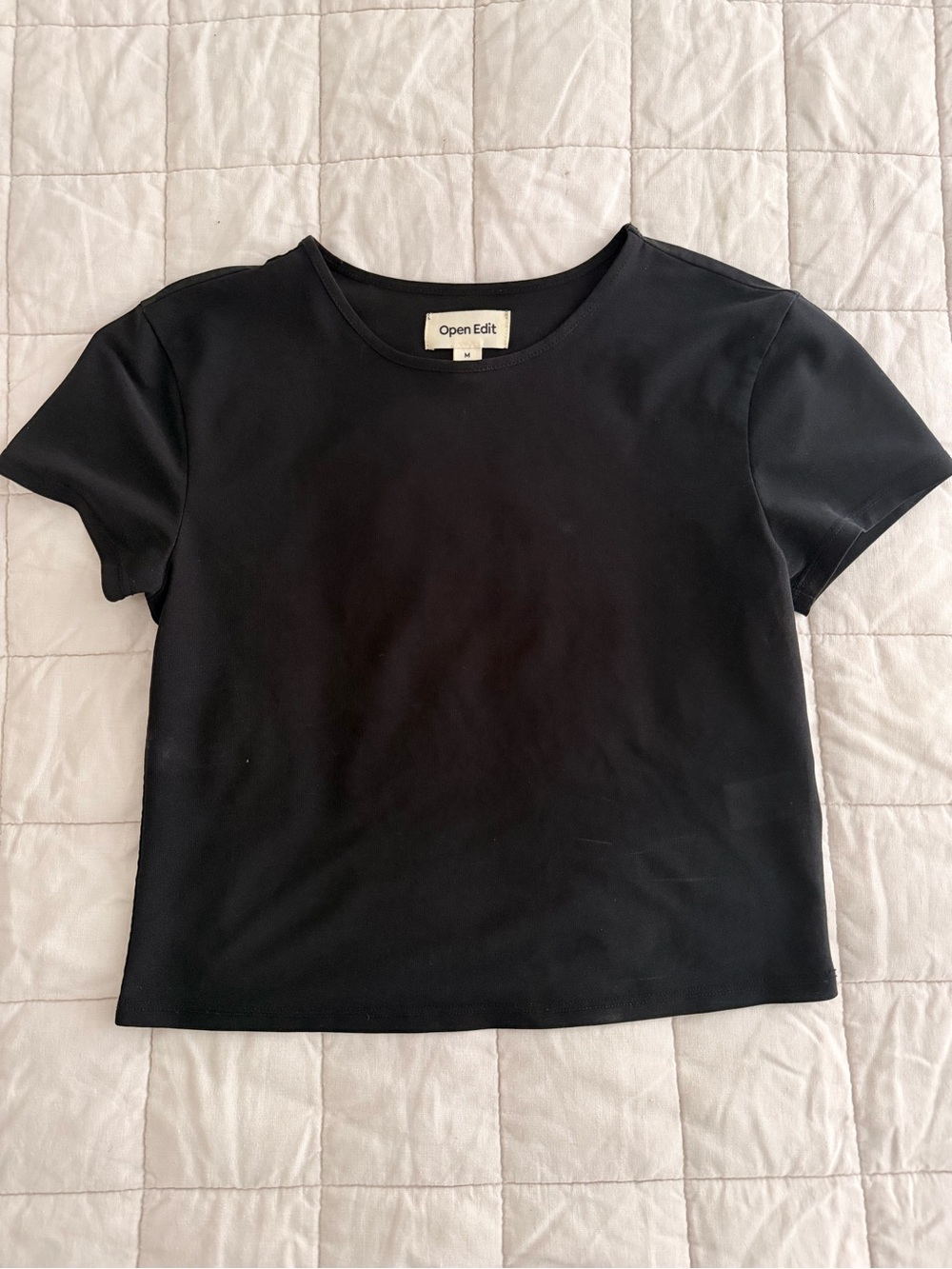 Open Edit - Size M - Black Crewneck Short Sleeve Top, Semi-sheer